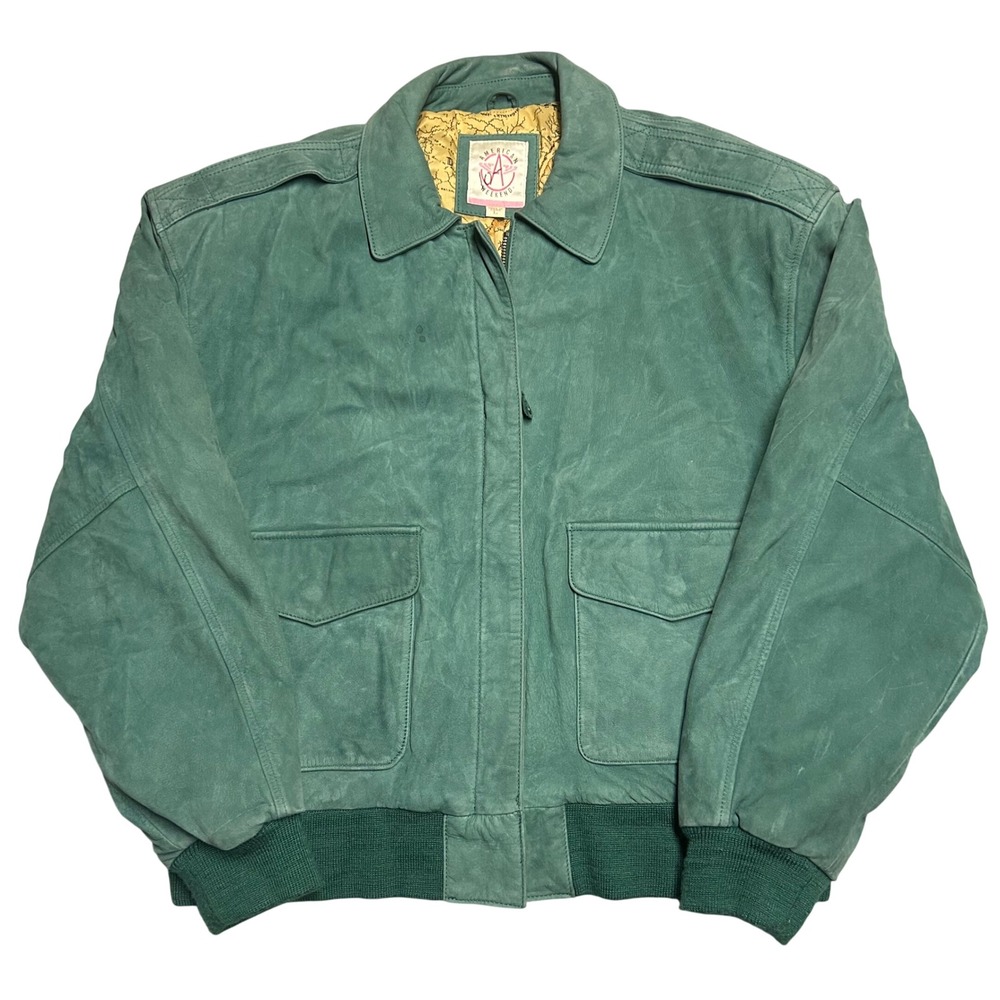 American Weekend Bomber Jacket Green Mens Large Leather Vintage Map Lining